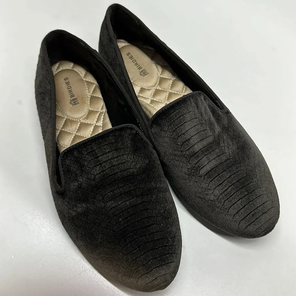 Birdies The Starling Loafers Slip On Shoes Python Snake Velvet Dark Gray Size 8